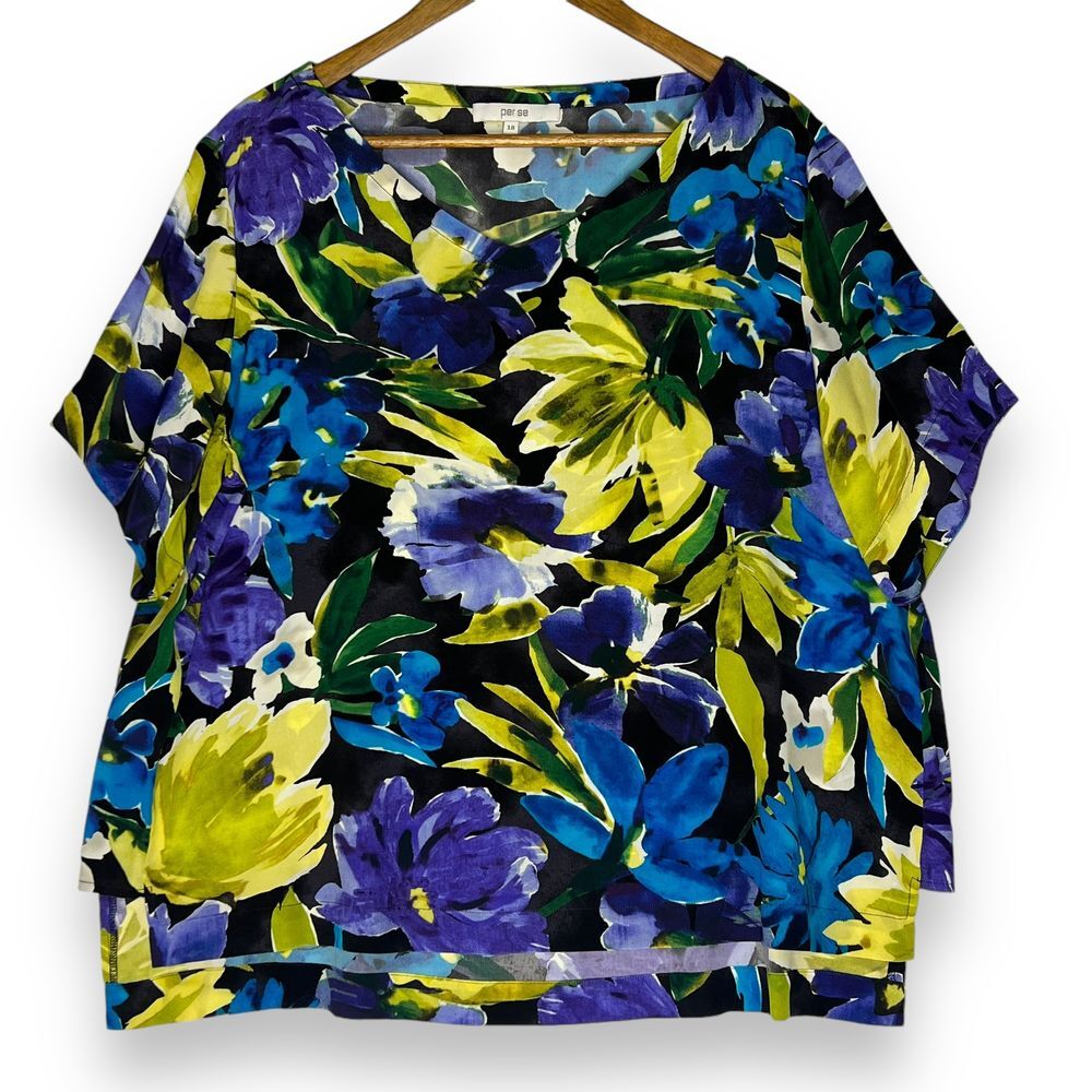 Per Se Blouse Top 100% Silk Floral Green Blue Purple V‎ Neck Short Sleeve 18